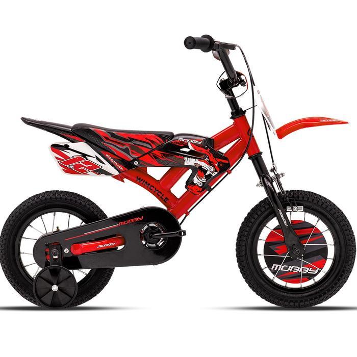Sepeda Anak 12" Wimcycle BMX Mobby 12" – Usia 2-5 Tahun dengan Roda Bantu & Desain Motocross - Merah