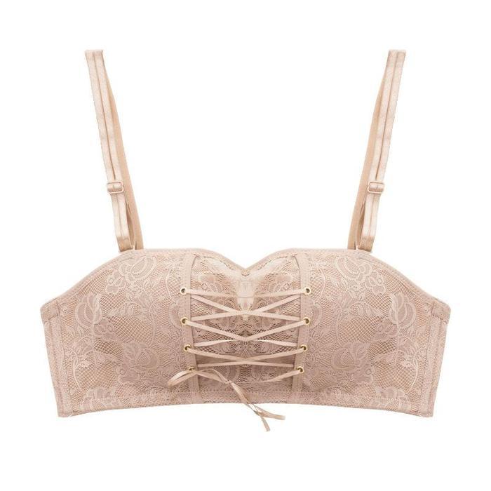 Bra Tanpa Tali Push Up Tanpa Kawat dengan Brokat Halus, Cup 1/2, Tali Lepas Pasang, Warna Apricot Uk