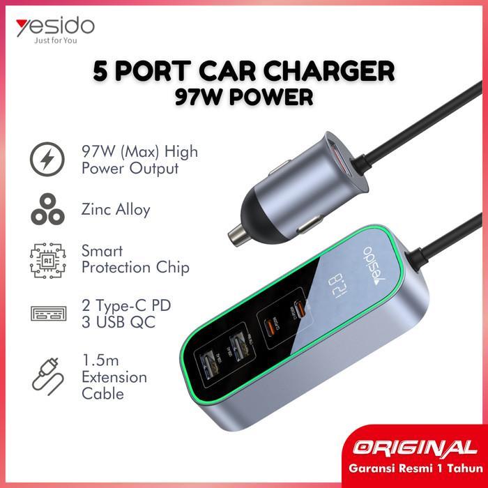 YESIDO Car Charger 5 Port PD USB Fast Charging 97W Max with 1.5m Cable