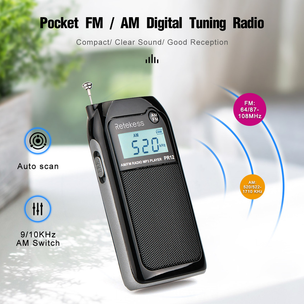 RETEKESS PR12 Radio FM AM Mini Pocket USB Radio Mp3 Portable Receiver Backlit Display Digital Stereo