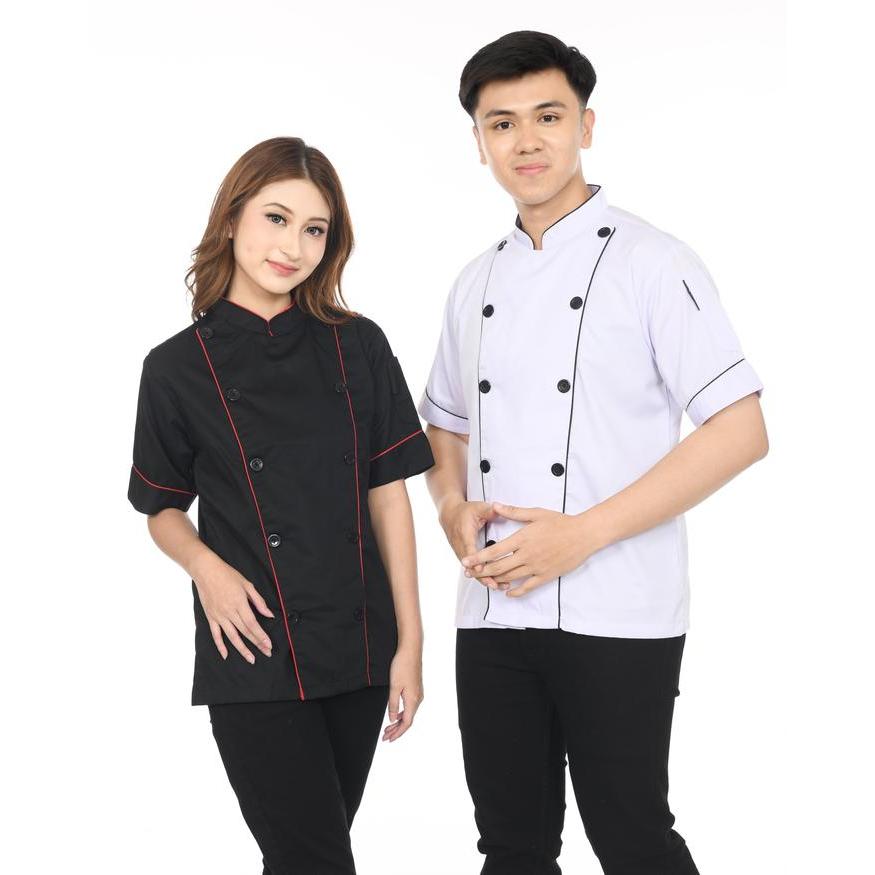 BAJU KOKI CHEF JACKET BAJU CHEF SERAGAM KOKI PRIA WANITA LENGAN PENDEK GOLD KITCHEN BIRU HITAM PUTIH