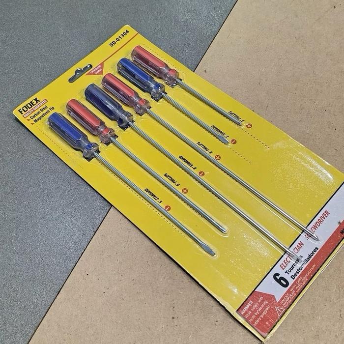 NEW FODEX Set Obeng Panjang Plus & Minus 6 Pcs Gagang Transparan Merah Biru Obeng Baja Presisi