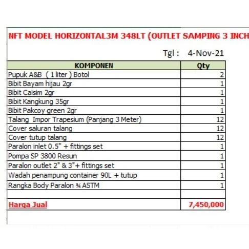 Tanam NFT Horizontal Paket tanam hidroponik NFT horizontal 3 meter 348 lubang, outlet samping 3 inci