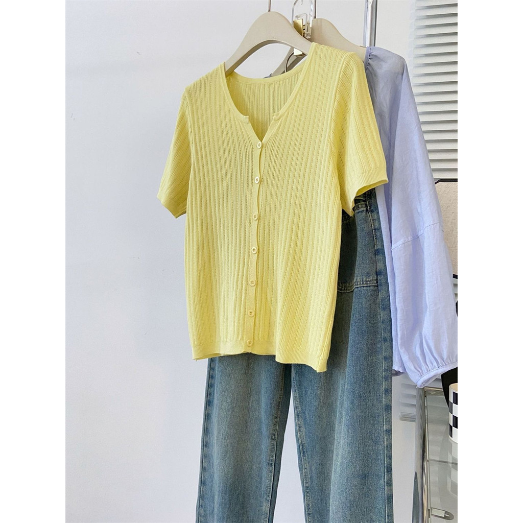 Elegant French Retro Knit Short Sleeve Cardigan Knitwear Top Women Lyocell Linen Ribbed Tee