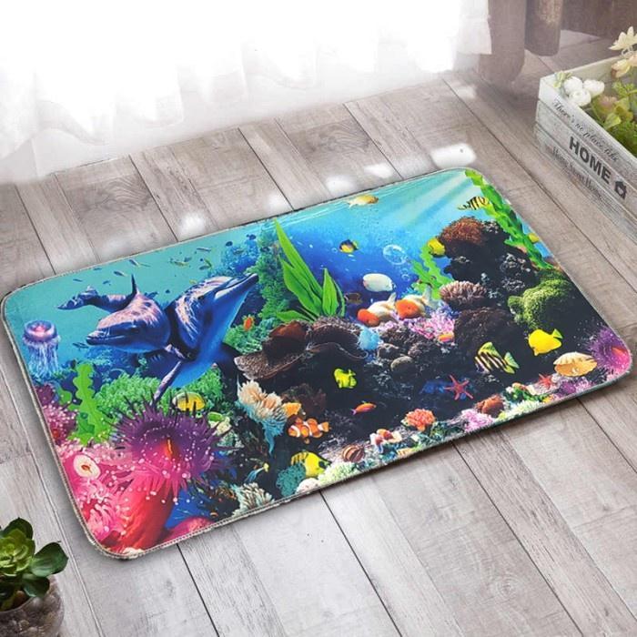 Organizer (Praktis) Keset Lantai Pintu Masuk Dekorasi Ruang Tamu Anti Slip 3D Karpet Motif Ikan &