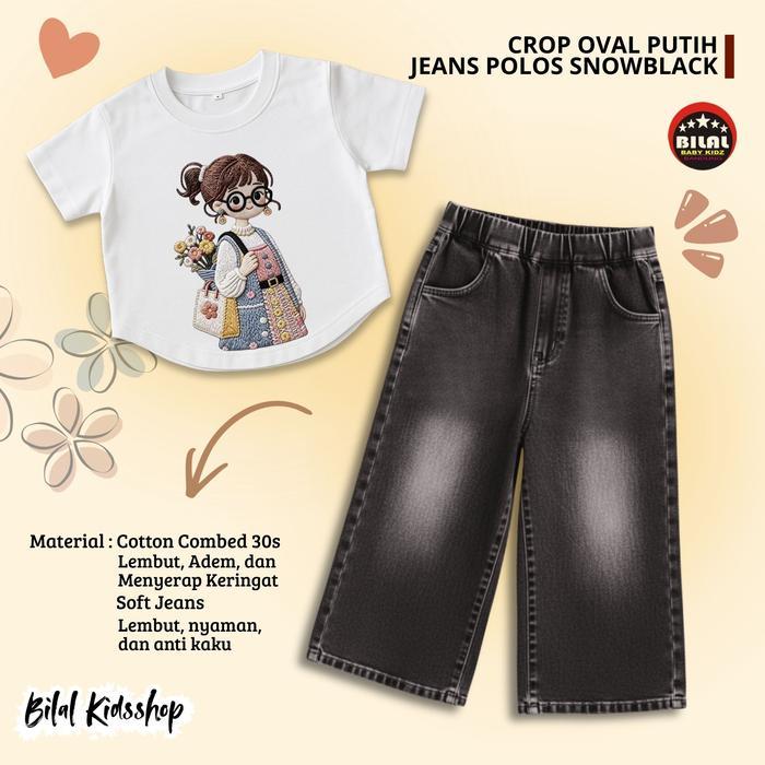 One Set Anak Perempuan Cute Girl Crop Oval dan Kulot Jeans Polos 1-10 Tahun