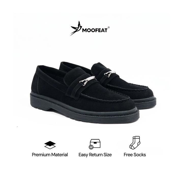 Promo Moofeat Zora - Sepatu Penny Loafers Suede Kulit Casual Pria Wanita Black Flat Shoes Sneakers