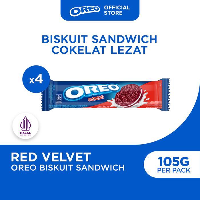 Oreo Red Velvet 105g (Paket isi 4), Biskuit Sandwich Red Velvet dengan Krim Rasa Cheesecake