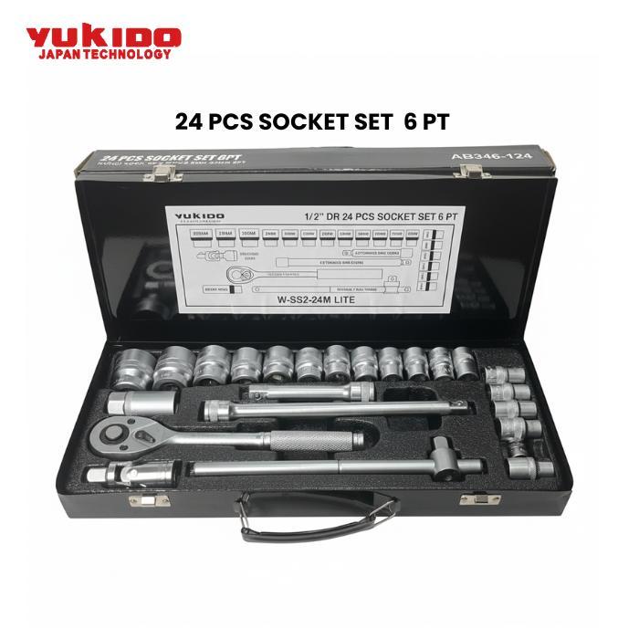 YUKIDO Kunci Sok Set 24 Pcs SOK SET SHOCK dengan Adaptor 1/2 Inch dan Mata Sok 6pt hingga 12pt