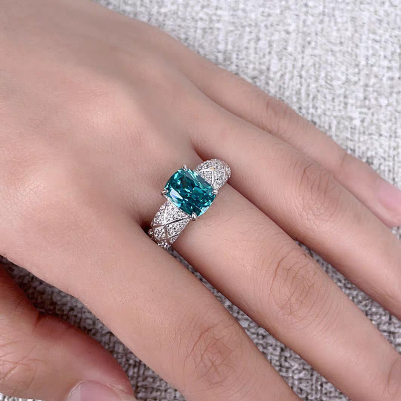 Luxury 18K Solid Platinum PT950 certifid Paraiba 7*9mm Square High Carbon Diamond Ring Ring Fashion