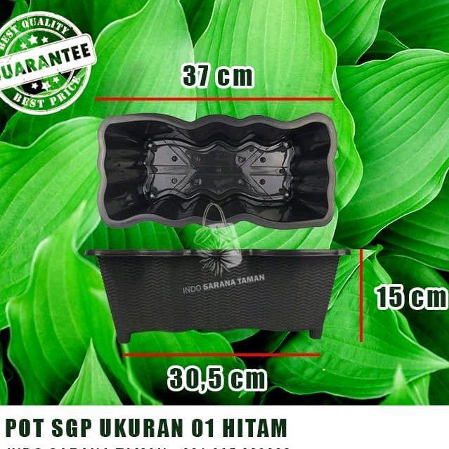Pot tanaman model persegi panjang warna hitam, panjang atas 37 cm, tinggi 15 cm, bahan plastik tebal