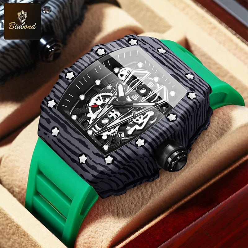 BINBOND Brand Men Watch Domineering Barrel Watch Curved Mirror Hollow Surface Sports Men Watch