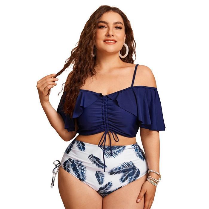 BIKINI HIGH WAIST IMPORT OFF SHOULDER NAVY PUTIH DAUN JUMBO BIG SIZE