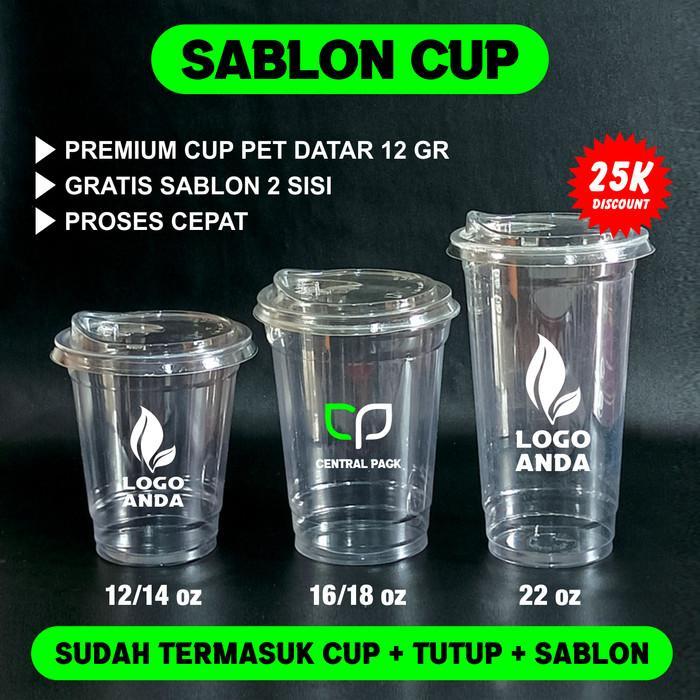 Sablon Gelas Cup Plastik Cup PET 22 oz Datar + Tutup