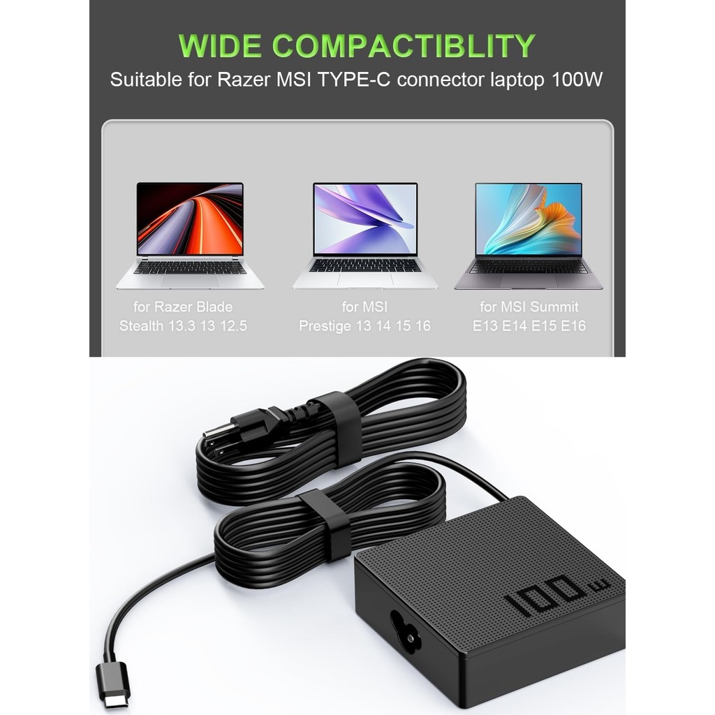 100W USB-C TYPE-C Charger for Razer Blade Stealth 13,For Msi Prestige 13 14 15 16 Summit E13 E14 E15