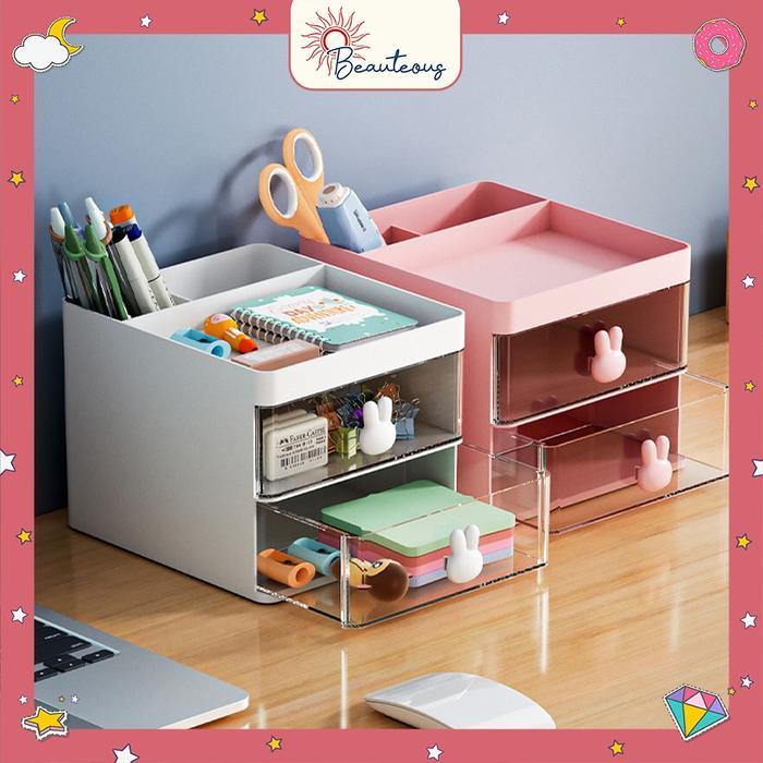 LACI MINI 2 SUSUN TEMPAT PENYIMPAN STATIONERY MEJA BELAJAR AESTHETIC PLASTIK TEBAL BAGUS