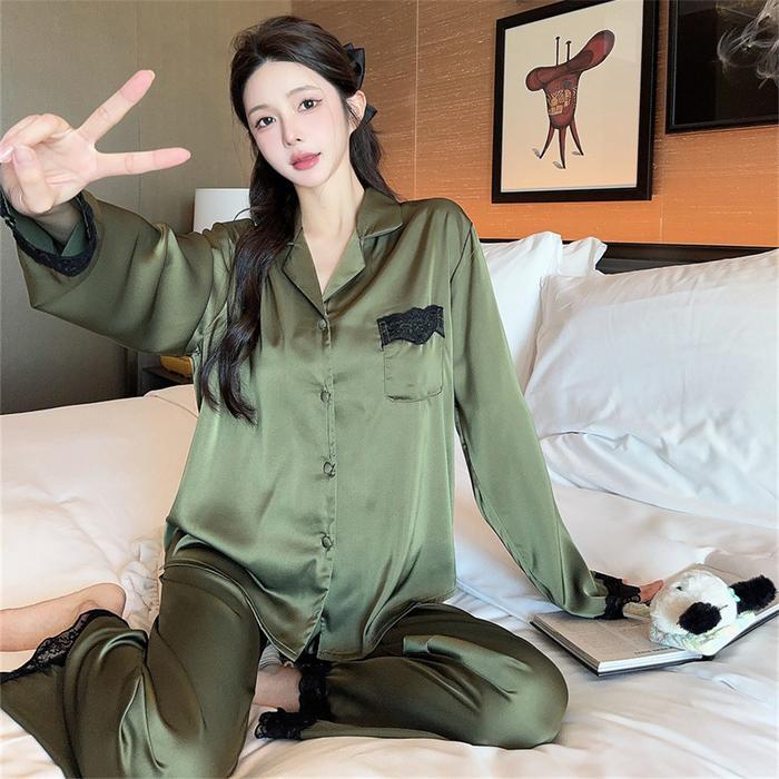 Set Piyama Kimono dan Celana Panjang Satin - Baju Tidur Wanita