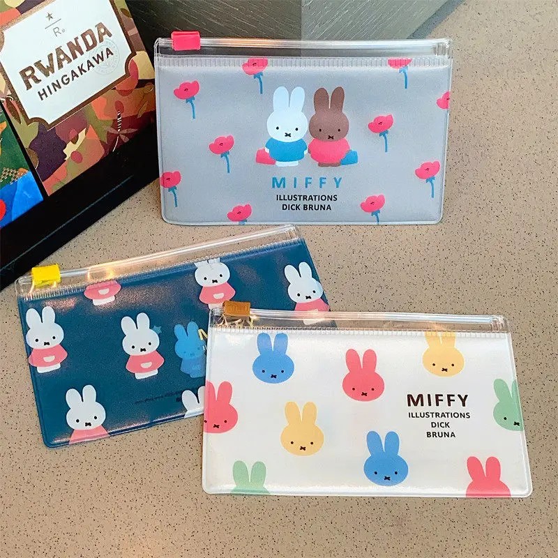 Kawaii Miffy Cute Three Piece Storage Bag Coin Purse Cartoon Rose PVC Jelly Bag Clip Chain Storage