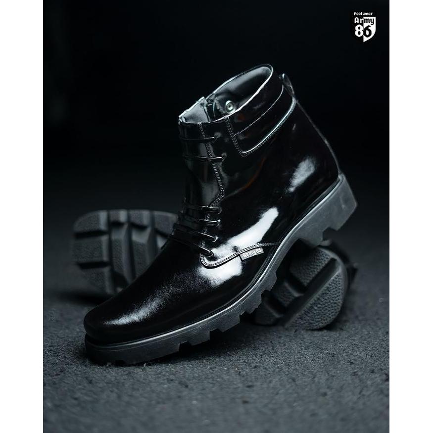 Army86 Sepatu PDH Navy hitam Kilap Asli kulit hitam Shoes Pria Boots