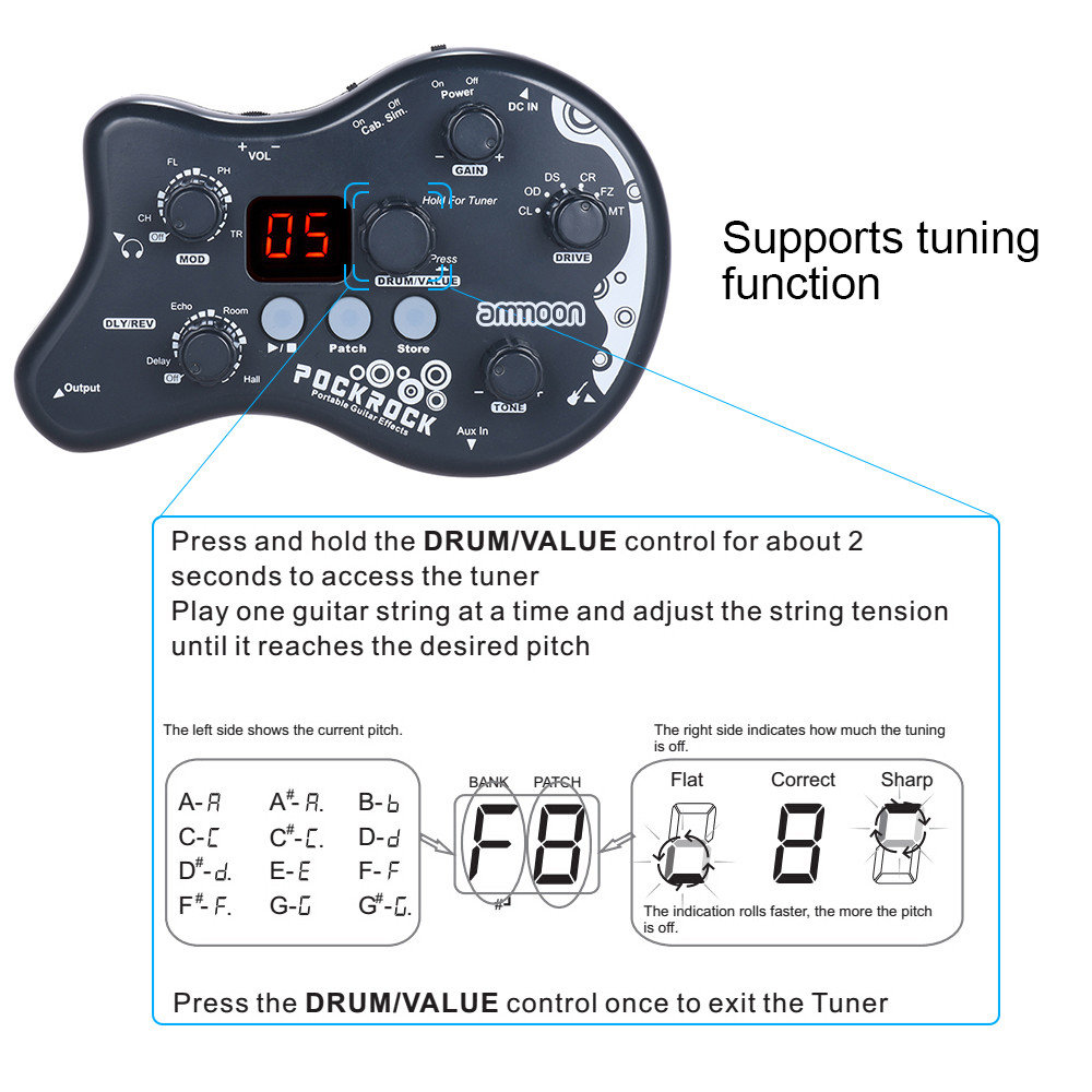 ammoon PockRock Portable Guitar Multi-effects Processor Effect Pedal 15 Effect Types 40 Drum Rhythms