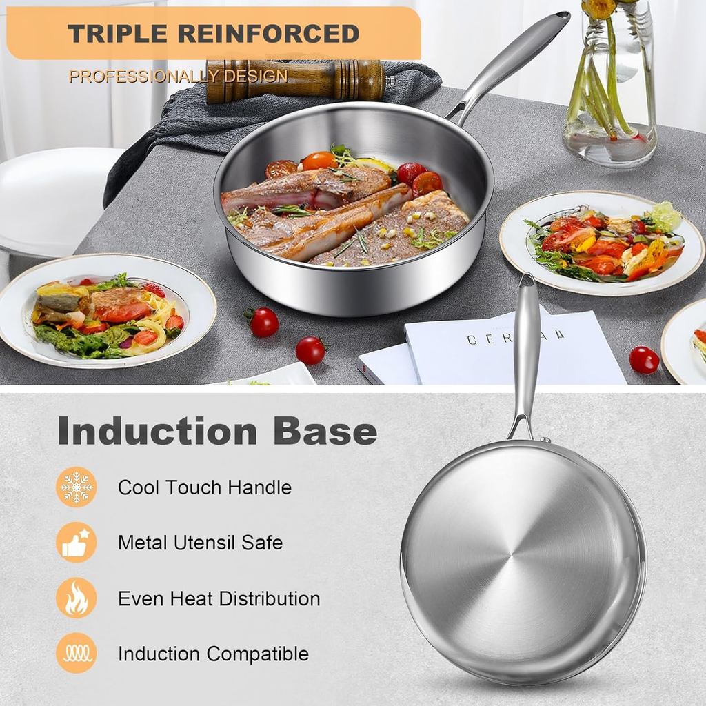 LMETJMA 316 Stainless Steel Frying Pan Tri-Ply Deep Frying Pan Saute Pan Healthy Non Stick Cooking