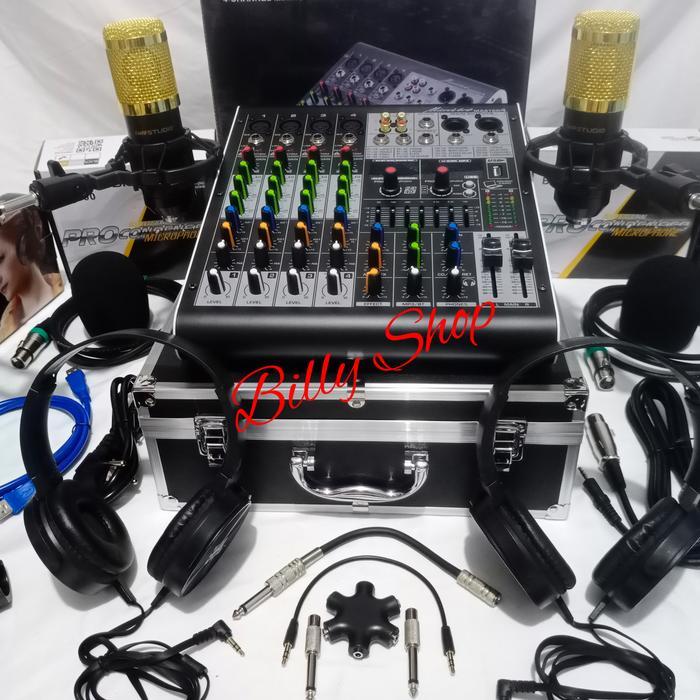 Podcast Soundcard Microverb Paket Perlengkapan Podcast Lengkap dengan Mixer, Dua Mikrofon Kondensor,