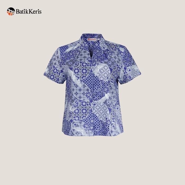 Batik Keris Wanita Blouse Batik Wanita Lengan Pendek Motif Bangau Iber Warna Biru - SS Batik Wanita 
