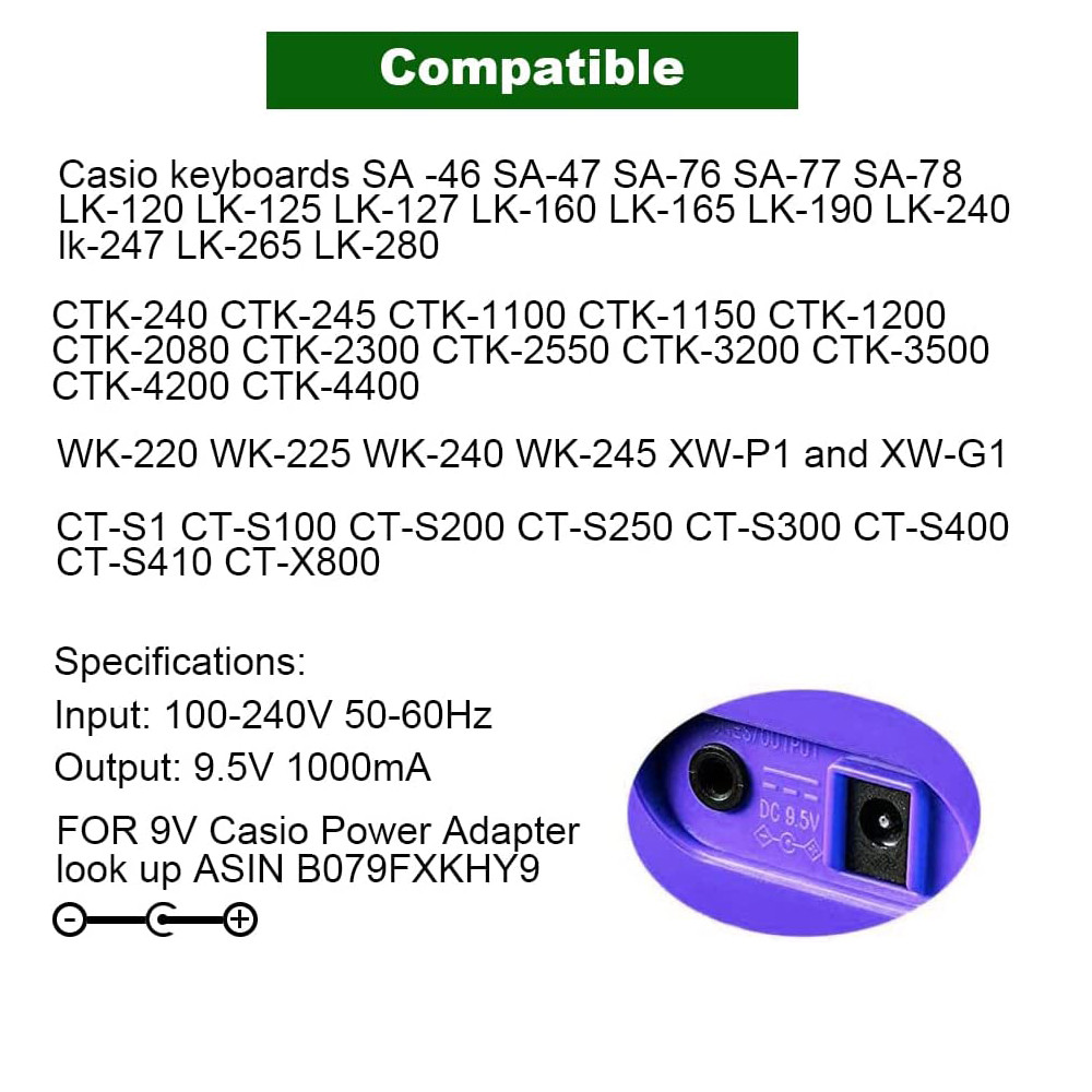 9.5V 1A Power Supply Adapter for Casio Piano Keyboard for ADE95100LU/B SA-46 SA-47 SA76 SA-77 SA-78