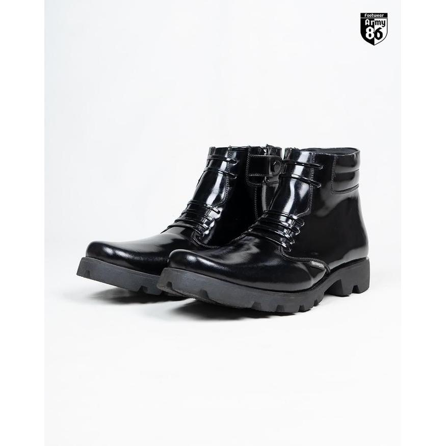 Army86 Sepatu PDH Navy hitam Kilap Asli kulit hitam Shoes Pria Boots