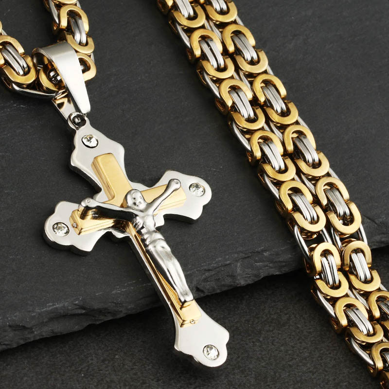 Orthodox Jesus Crucifix Cross Pendant necklace Handsome Men Stainless Steel Chain Necklace Baptism