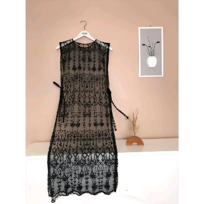 Outer Panjang Brukat Rompi Vest Luaran Gamis Wanita Warna Hitam