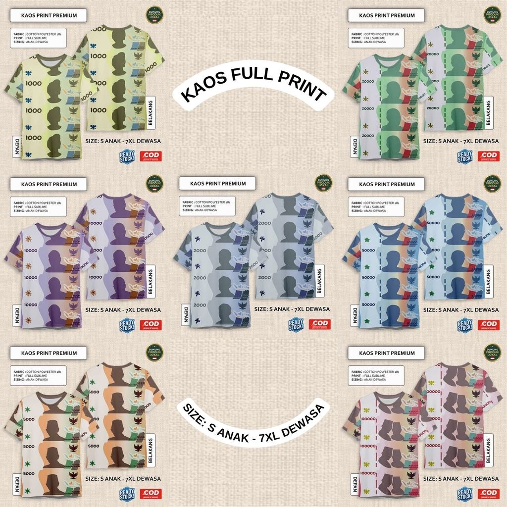 Kaos Uang Rupiah 100k 100rb 75k 75rb 50k 50rb 20k 20rb 10k 10rb 5k 5rb 2k 2rb 1k 1rb Kartun Printing