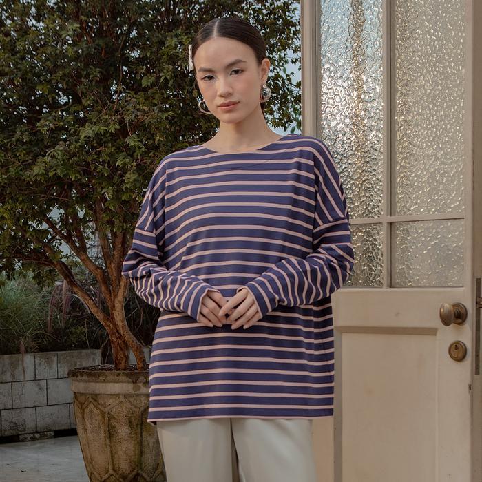 TERBARU HijabChic Ulyani Dark Blue Stripe Tops - Atasan Muslim Stripe Wanita Nyaman Lembut Best