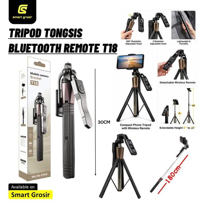 Selfie Stick Tripod Bluetooth T-18 180cm Tongsis HP Adjustable Stabilizer dengan Remote Bluetooth