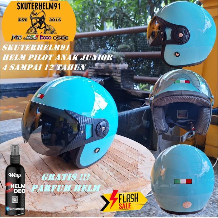 Helm Anak Pilot Retro Junior Half Face Sni 4 Sd 12 Tahun Hijau Pastel