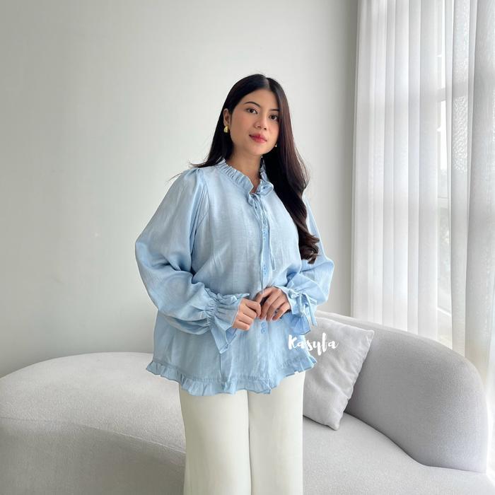 Blouse Wanita Rempel Anya Atasan Wanita Kekinian Blouse Polo Linen Aksen Ruffle Bawah Kemeja Lengan