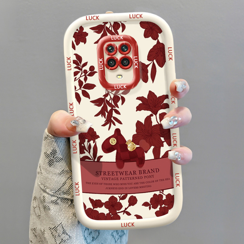 Casing Hp untuk Xiaomi Redmi Note 9s Note 9 Pro POCO M2 Pro Case Daun merah dan kuda kayu Kasing sil