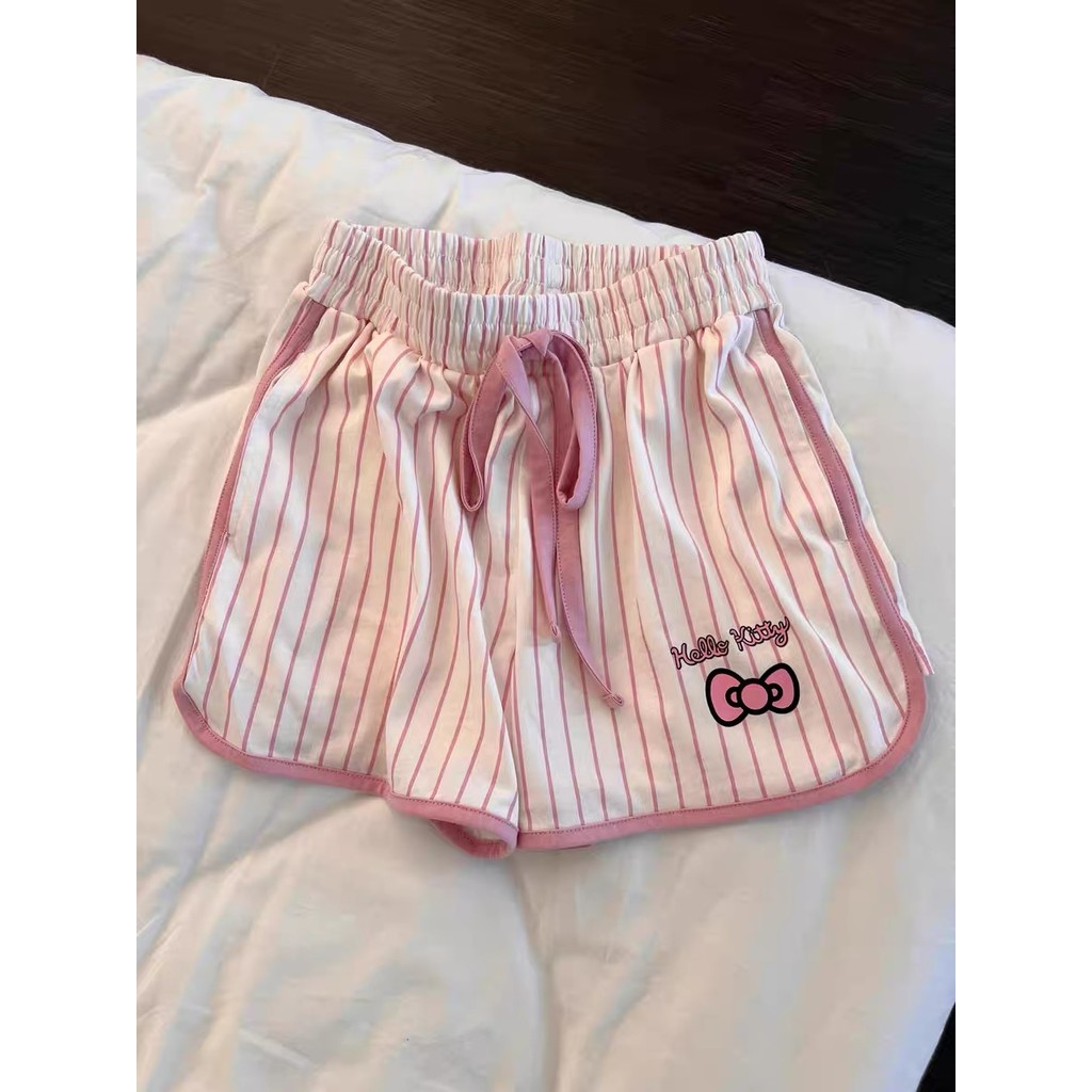 Sanrio Hello Kitty Pajama Set Anime Women's Summer Vest Shorts Suit Leisure Pink Cartoon Stripe