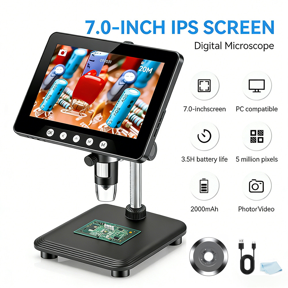 Mikroskop Digital IPS 7 inci, Pembesaran 1600X, 2MP, USB, Mikroskop Elektron Profesional untuk Koin