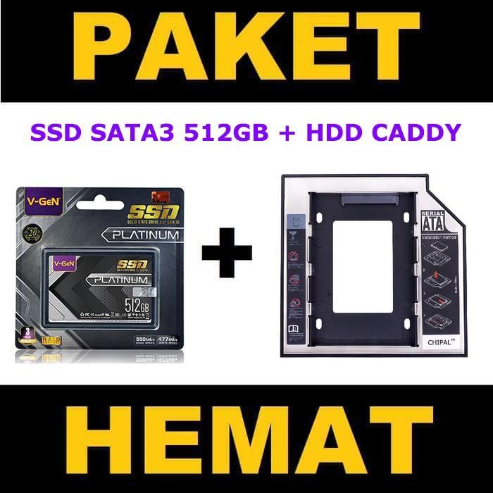 TERLARIS PAKET SSD Caddy SSD 512GB V-GeN PLATINUM RESCUE SATA 3 DVD Slot to SDD Slot 9.5mm-12.7mm
