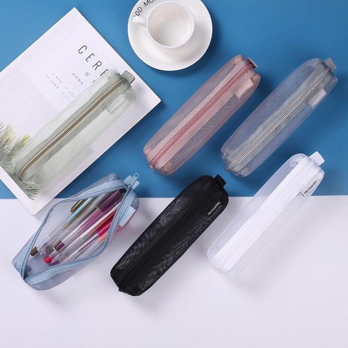 "New" [MILOLI] Kotak Pensil Transparant Rectangle Portabel Tempat Pensil Jaring Resleting Stationery