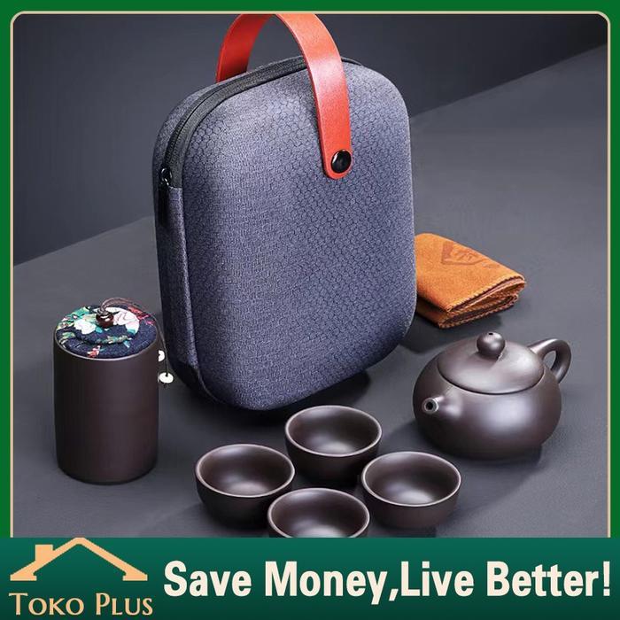 Set Teh Portable Kung Fu Cina dengan Tas - Teko Keramik, Teko Teh, dan 4 Cangkir 6pcs
