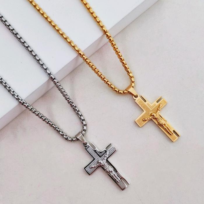 Kalung Salib Yesus Tulisan Doa Bapa Kami Titanium Pria dan Wanita