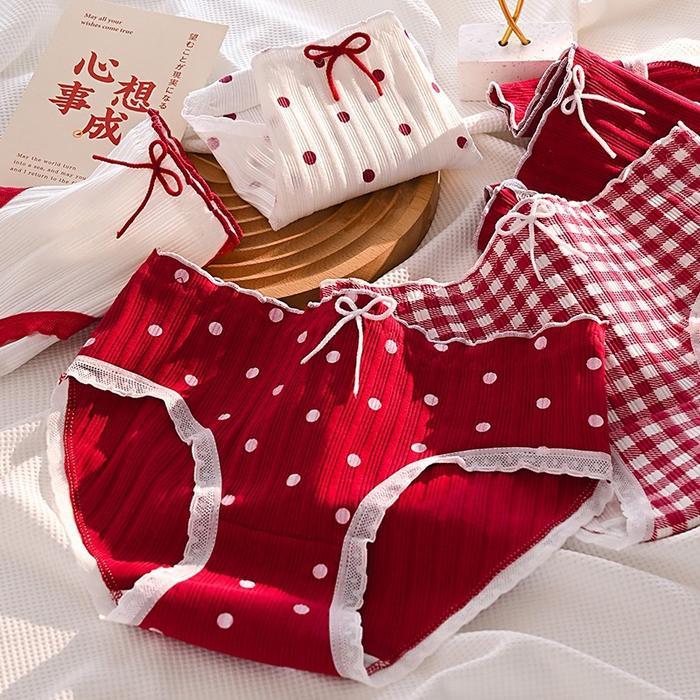 Elmoragallery * CD2143 Celana Dalam Renda Pita Merah Red Wanita Lucu Bahan Katun Jepang Menyerap
