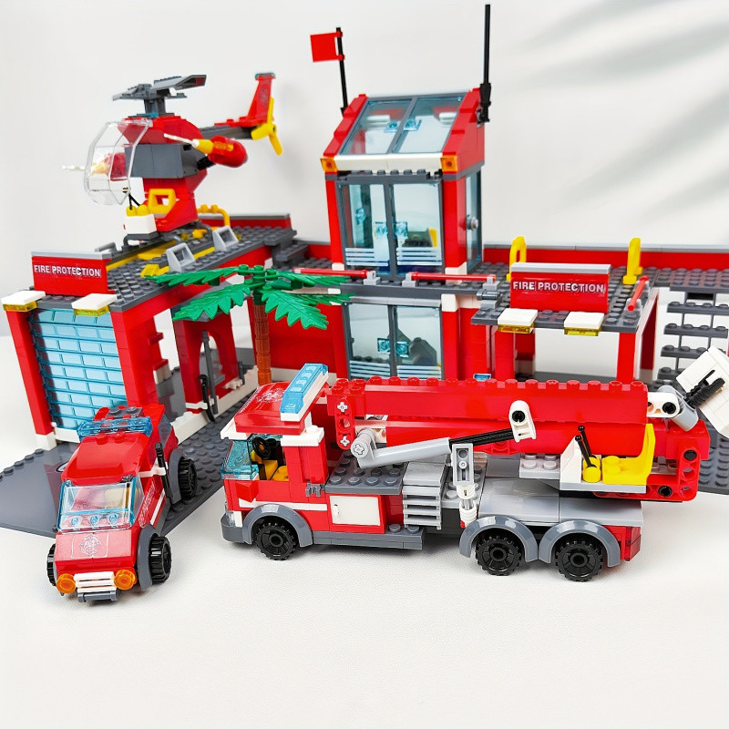 City Fire Station Building Blocks Set with Helicopter & Fire Truck, Educational Construction Toys
