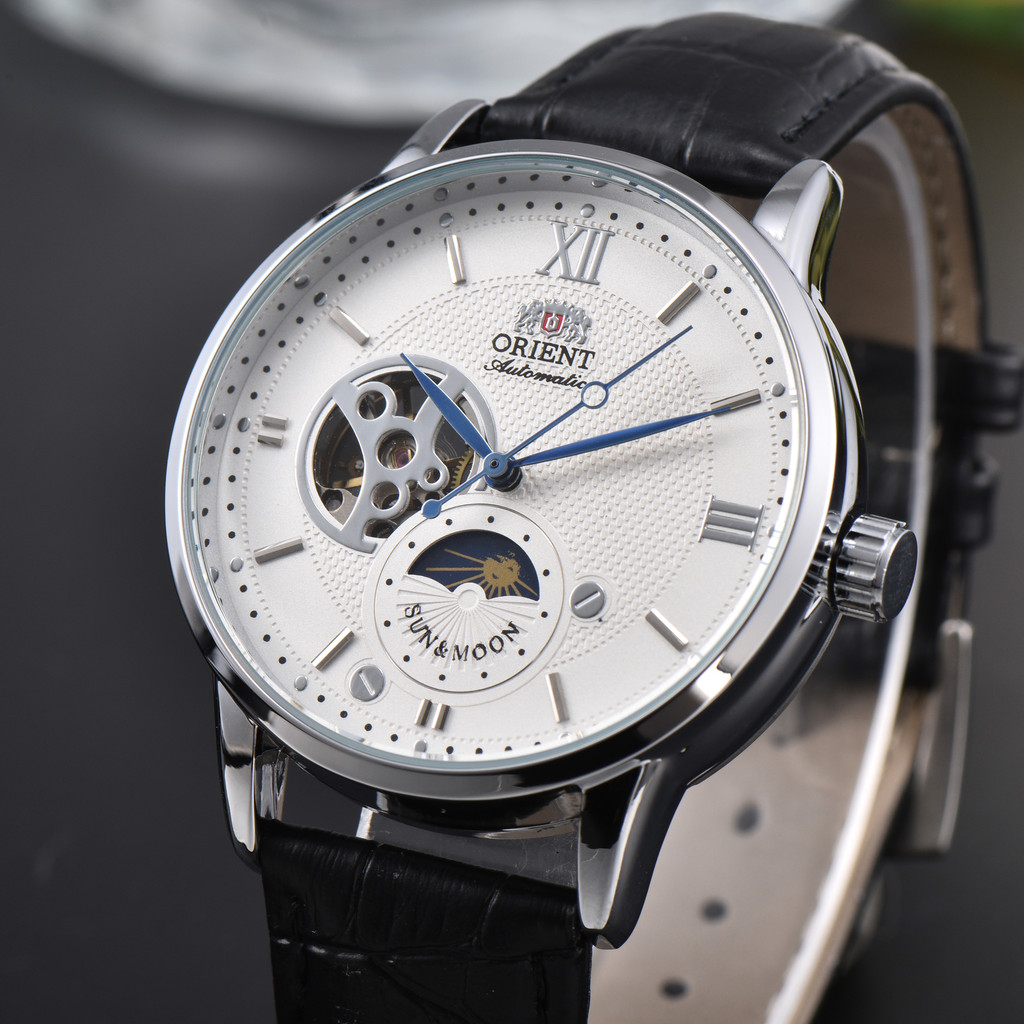 Orient Sun & Moon Semi Skeleton Automatic Watch Men's White Dial Black Leather Strap Sapphire
