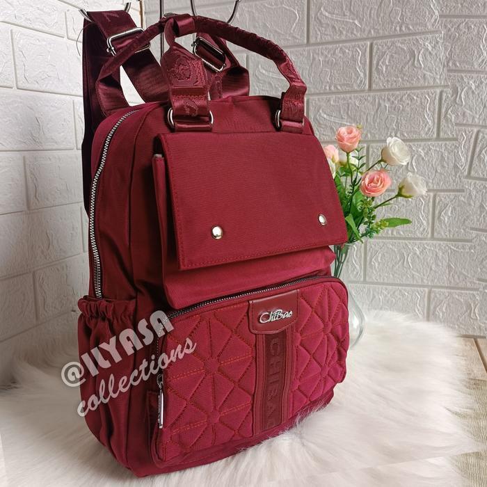 Tas Ransel Wanita Chibao List Kulit Muat Laptop 12 Inch Kanvas / Tas Sekolah / Tas Kerja / Tas