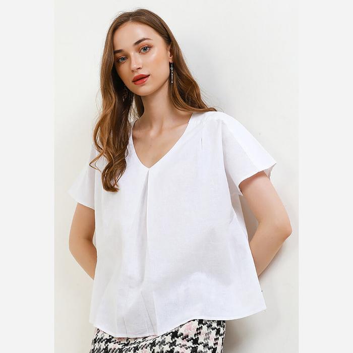 Blus Wanita Kerah V Bahan Linen Katun Warna Putih Ukuran S