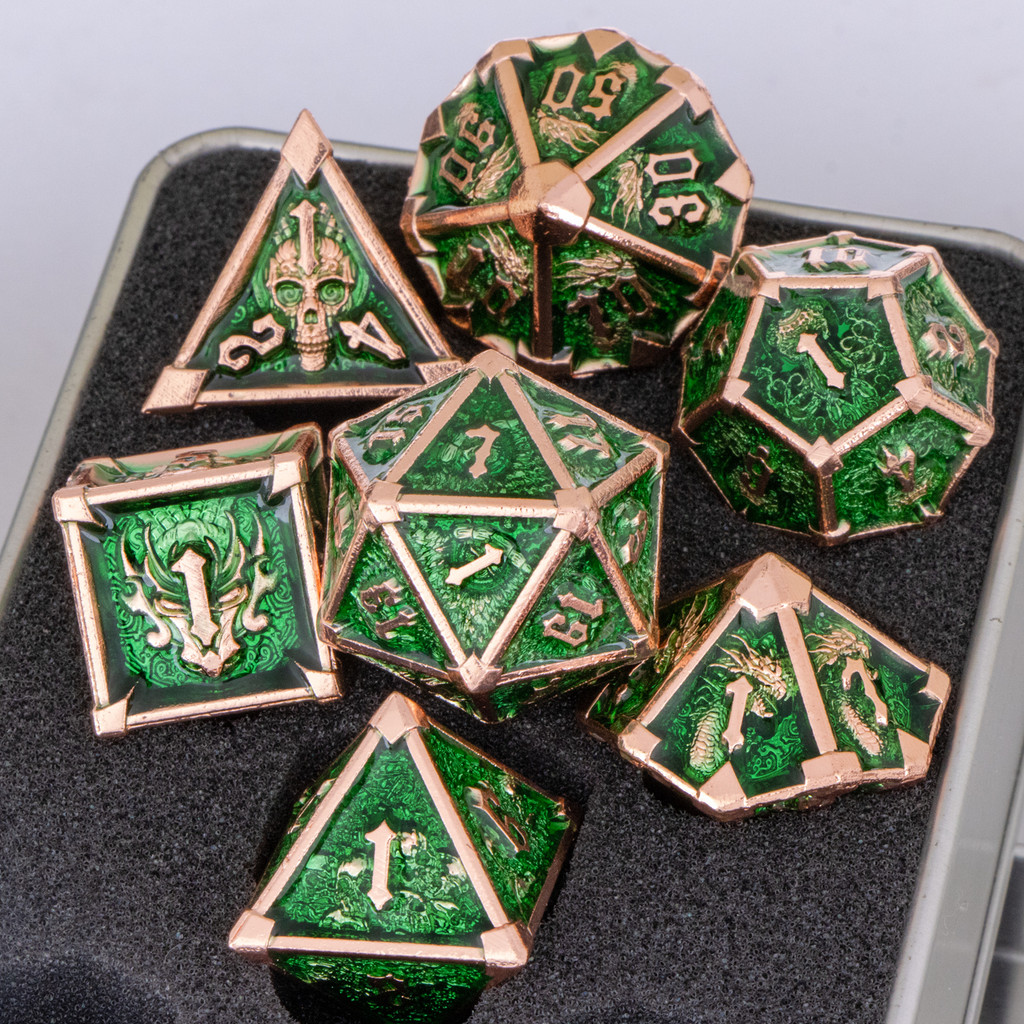 Skull Green DnD Metal Dice Set, Metal D&D Dice for Table Games, Metal Dice Set DnD for Dungeons and