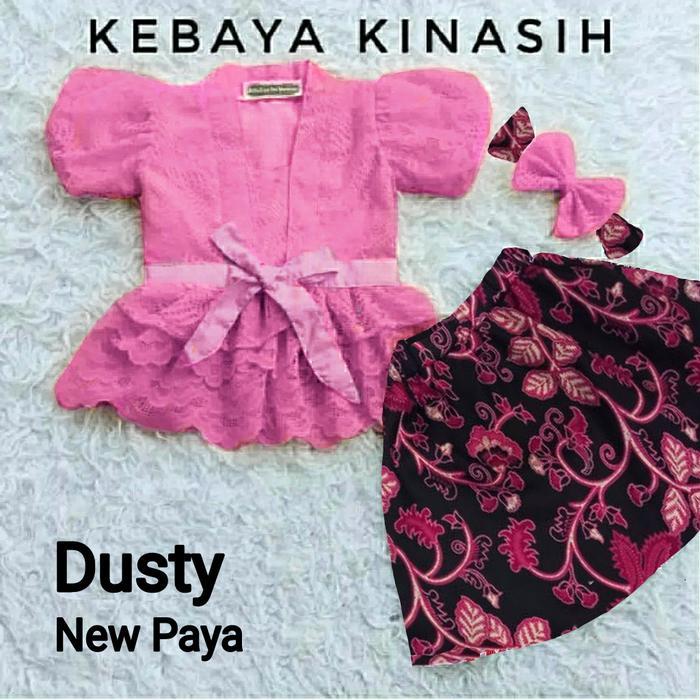 Setelan Kebaya Kinasih Anak Usia 1-2 Tahun Motif Mint Mawar dengan Rok Batik dan Bandana